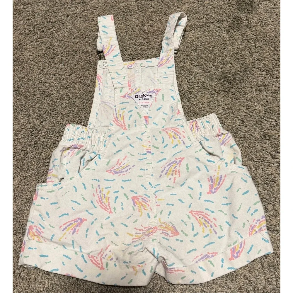 Vintage OshKosh B'Gosh Girls 4 Shortalls Confetti Rainbow Print Overalls USA